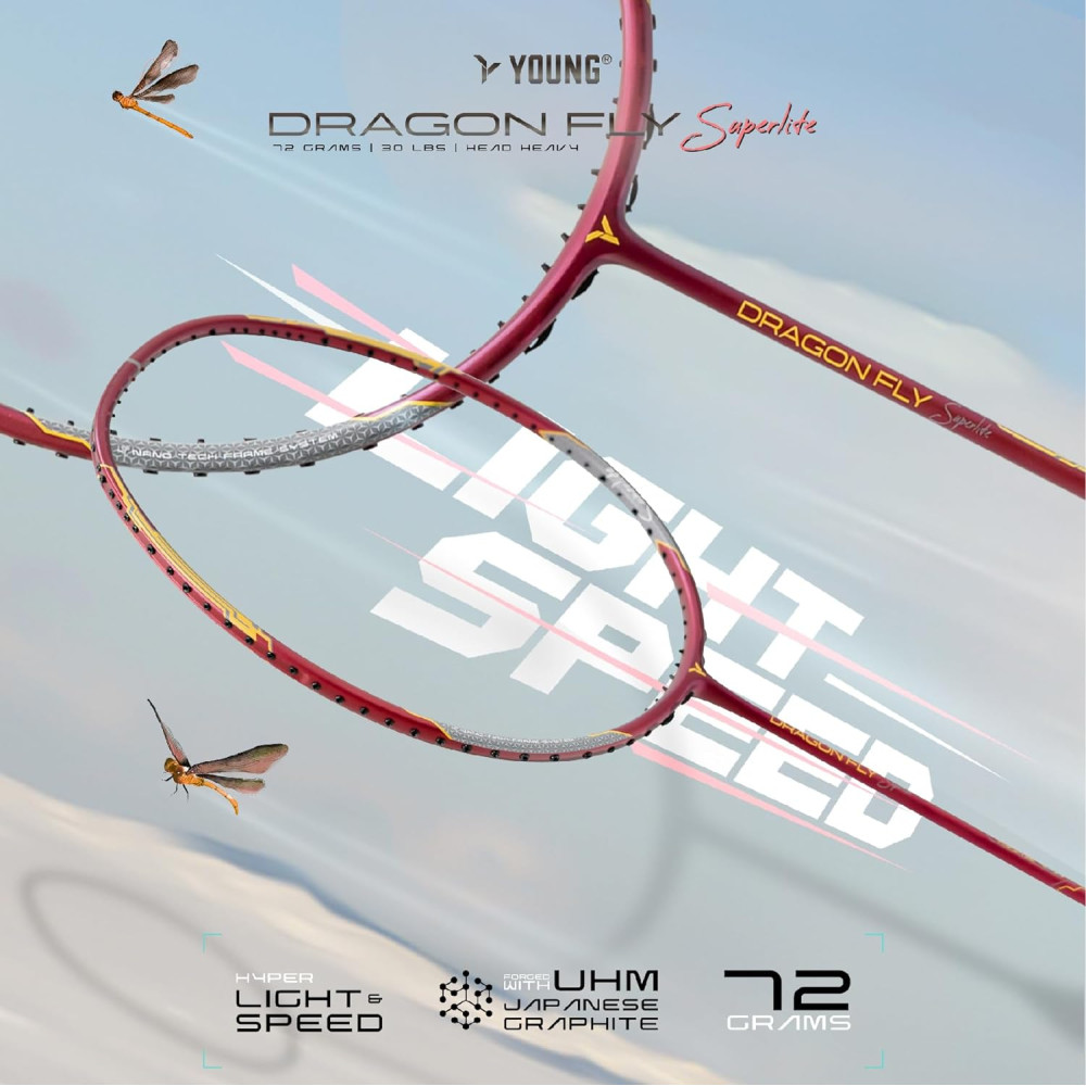 Young Dragonfly Superlite (72g, Hyper-Light) 30 LBS | UHM Japanese Carbon Fibre | Lightweight & Super-Speed | Head Heavy Graphite Badminton Racket with Customization and Full Cover (White) Young Dragonfly Superlite (72g, Hyper-Light) 30 LBS | UHM Japanese Carbon Fibre | Lightweight & Super-Speed | Head Heavy Graphite Badminton Racket with Customization and Full Cover (White)