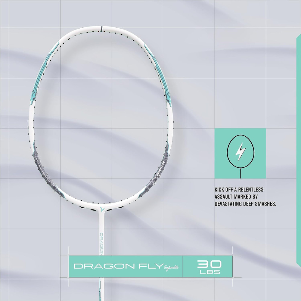 Young Dragonfly Superlite (72g, Hyper-Light) 30 LBS | UHM Japanese Carbon Fibre | Lightweight & Super-Speed | Head Heavy Graphite Badminton Racket with Customization and Full Cover (White) Young Dragonfly Superlite (72g, Hyper-Light) 30 LBS | UHM Japanese Carbon Fibre | Lightweight & Super-Speed | Head Heavy Graphite Badminton Racket with Customization and Full Cover (White)