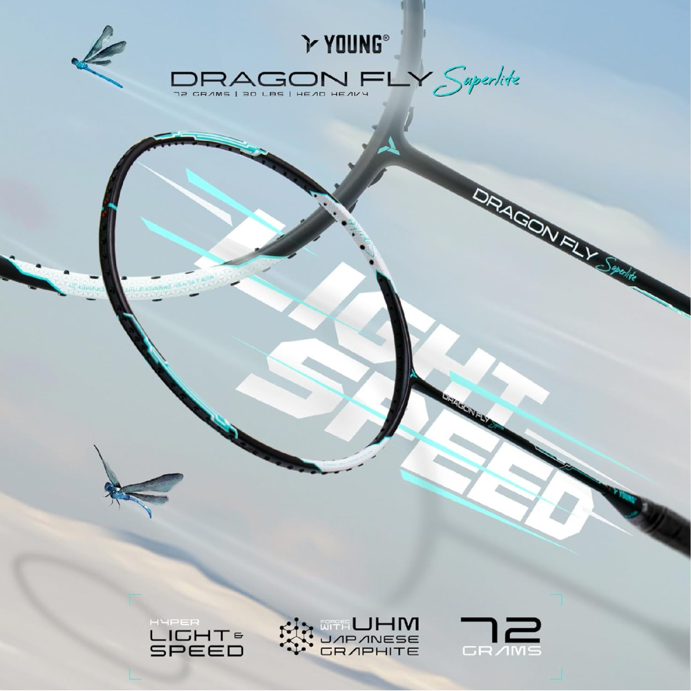 Young Dragonfly Superlite (72g, Hyper-Light) 30 LBS | UHM Japanese Carbon Fibre | Lightweight & Super-Speed | Head Heavy Graphite Badminton Racket with Customization and Full Cover (White) Young Dragonfly Superlite (72g, Hyper-Light) 30 LBS | UHM Japanese Carbon Fibre | Lightweight & Super-Speed | Head Heavy Graphite Badminton Racket with Customization and Full Cover (White)