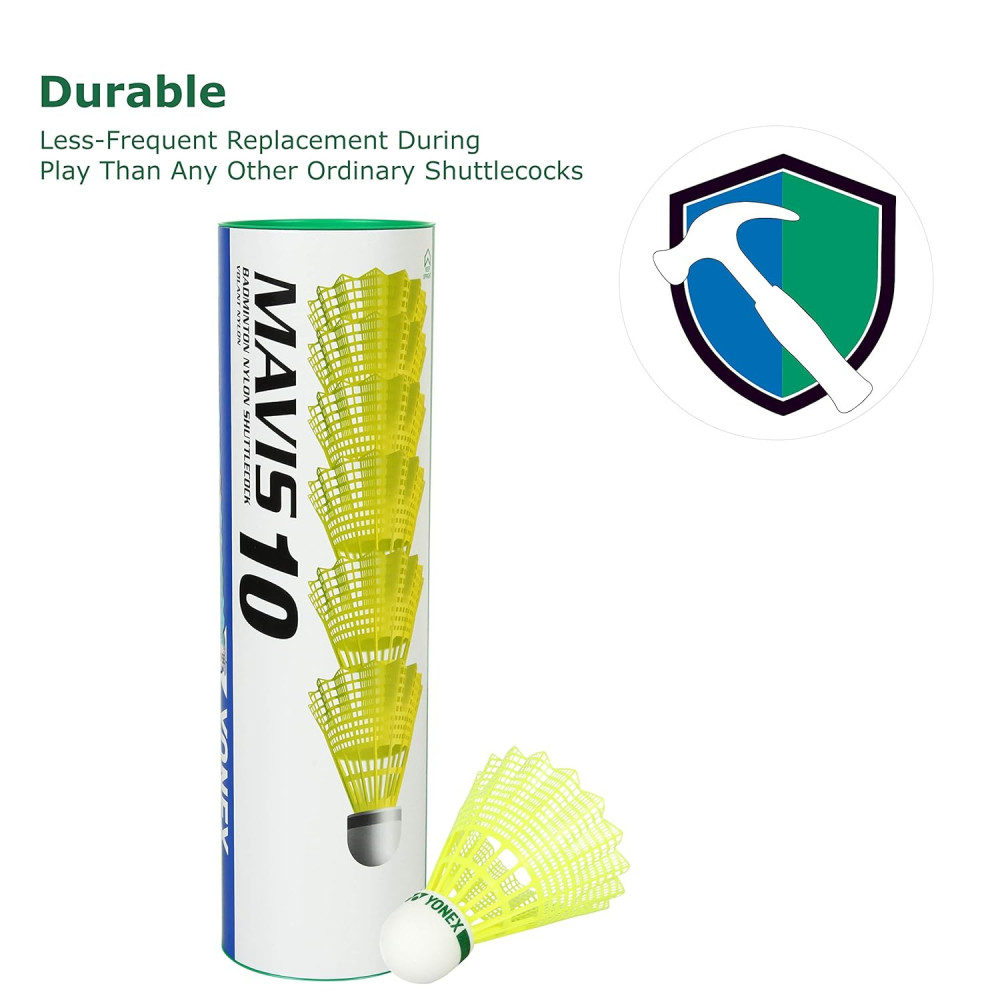 Yonex Mavis 10 Nylon Shuttlecock, Yellow, Pack of 6 | Made in Japan (Green Cap) Yonex Mavis 10 Nylon Shuttlecock, Yellow, Pack of 6 | Made in Japan (Green Cap)