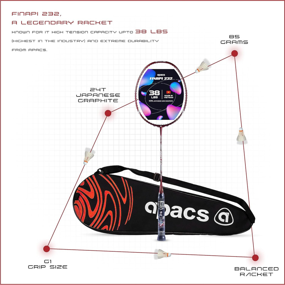 Apacs Finapi 232 (Unstrung, 38 LBS Max Tension) Made in Vietnam | 100% Japanese Graphite | High Modulus | High Power Badminton Racket with Free Full Cover | G1-4 1/4 inches (Black) Apacs Finapi 232 (Unstrung, 38 LBS Max Tension) Made in Vietnam | 100% Japanese Graphite | High Modulus | High Power Badminton Racket with Free Full Cover | G1-4 1/4 inches (Black)
