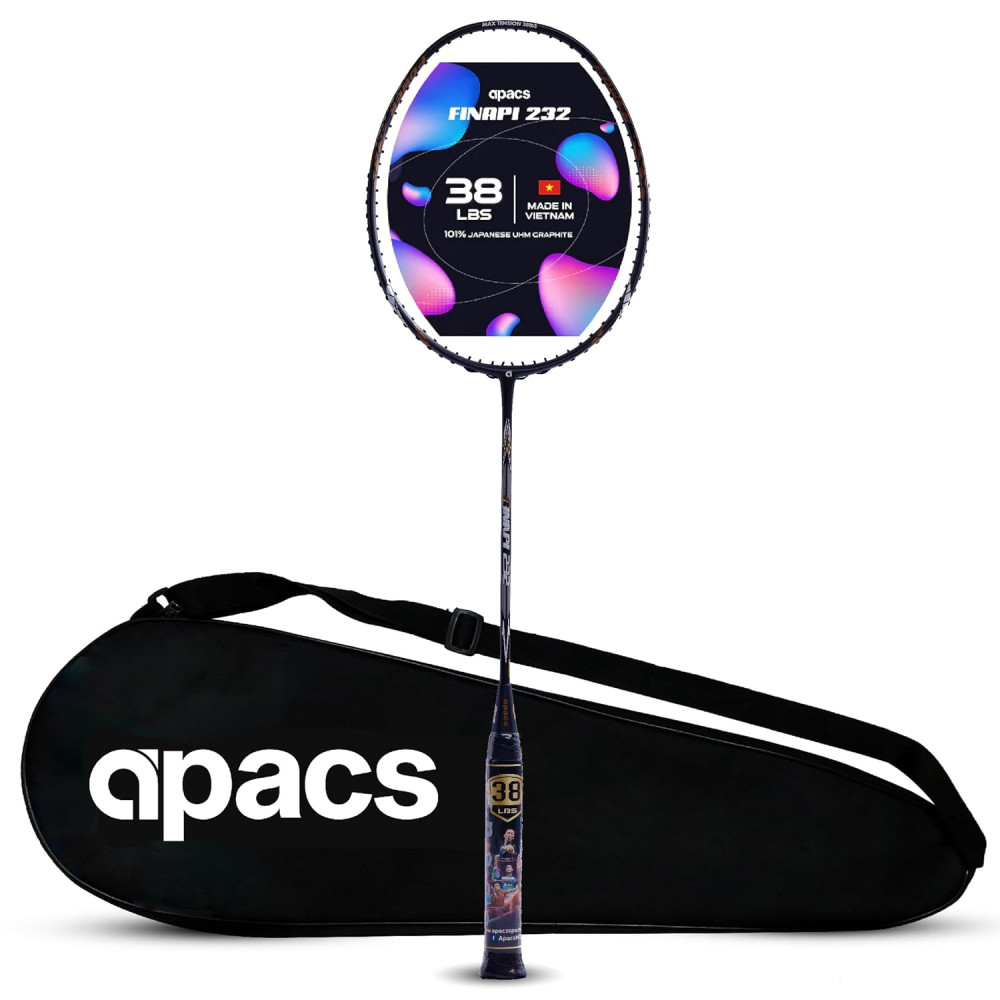 Apacs Finapi 232 (Unstrung, 38 LBS Max Tension) Made in Vietnam | 100% Japanese Graphite | High Modulus | High Power Badminton Racket with Free Full Cover | G1-4 1/4 inches (Black) Apacs Finapi 232 (Unstrung, 38 LBS Max Tension) Made in Vietnam | 100% Japanese Graphite | High Modulus | High Power Badminton Racket with Free Full Cover | G1-4 1/4 inches (Black)
