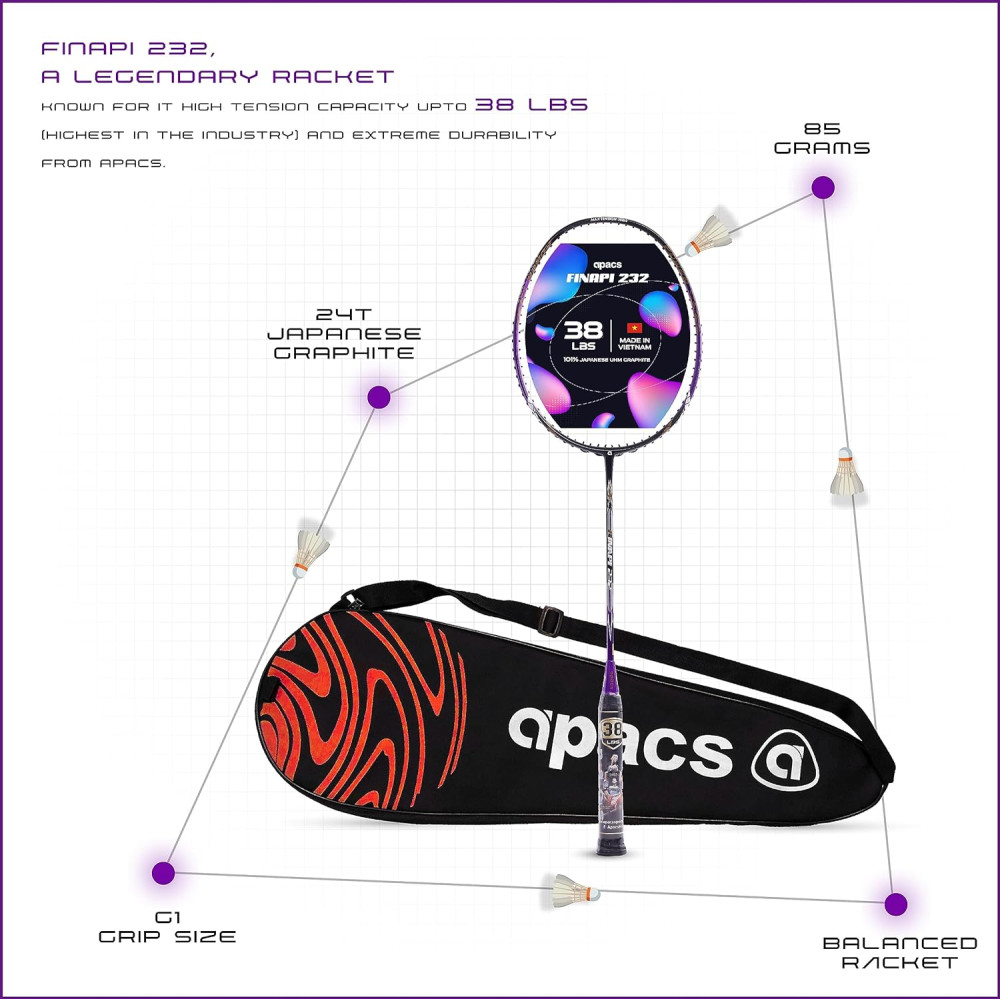 Apacs Finapi 232 (Unstrung, 38 LBS Max Tension) Made in Vietnam | 100% Japanese Graphite | High Modulus | High Power Badminton Racket with Free Full Cover | G1-4 1/4 inches (Black) Apacs Finapi 232 (Unstrung, 38 LBS Max Tension) Made in Vietnam | 100% Japanese Graphite | High Modulus | High Power Badminton Racket with Free Full Cover | G1-4 1/4 inches (Black)
