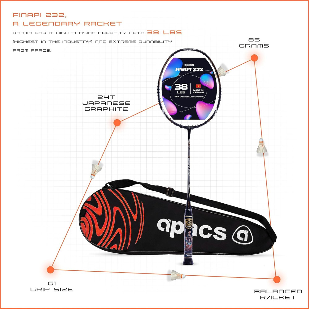 Apacs Finapi 232 (Unstrung, 38 LBS Max Tension) Made in Vietnam | 100% Japanese Graphite | High Modulus | High Power Badminton Racket with Free Full Cover | G1-4 1/4 inches (Black) Apacs Finapi 232 (Unstrung, 38 LBS Max Tension) Made in Vietnam | 100% Japanese Graphite | High Modulus | High Power Badminton Racket with Free Full Cover | G1-4 1/4 inches (Black)