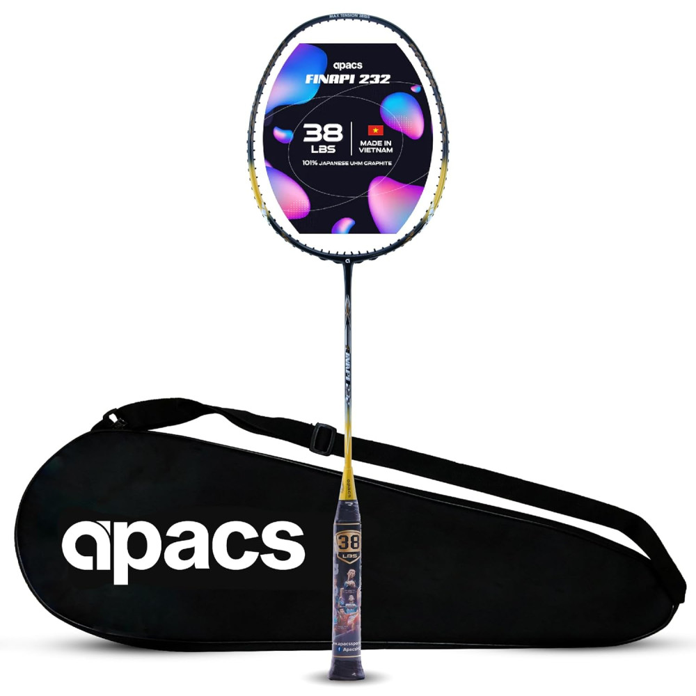 Apacs Finapi 232 (Unstrung, 38 LBS Max Tension) Made in Vietnam | 100% Japanese Graphite | High Modulus | High Power Badminton Racket with Free Full Cover | G1-4 1/4 inches (Black) Apacs Finapi 232 (Unstrung, 38 LBS Max Tension) Made in Vietnam | 100% Japanese Graphite | High Modulus | High Power Badminton Racket with Free Full Cover | G1-4 1/4 inches (Black)