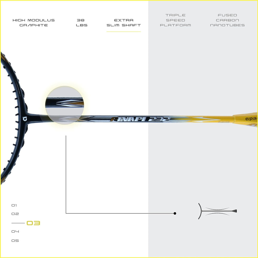 Apacs Finapi 232 (Unstrung, 38 LBS Max Tension) Made in Vietnam | 100% Japanese Graphite | High Modulus | High Power Badminton Racket with Free Full Cover | G1-4 1/4 inches (Black) Apacs Finapi 232 (Unstrung, 38 LBS Max Tension) Made in Vietnam | 100% Japanese Graphite | High Modulus | High Power Badminton Racket with Free Full Cover | G1-4 1/4 inches (Black)