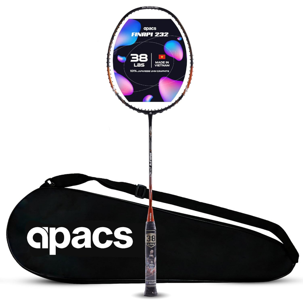 Apacs Finapi 232 (Unstrung, 38 LBS Max Tension) Made in Vietnam | 100% Japanese Graphite | High Modulus | High Power Badminton Racket with Free Full Cover | G1-4 1/4 inches (Black) Apacs Finapi 232 (Unstrung, 38 LBS Max Tension) Made in Vietnam | 100% Japanese Graphite | High Modulus | High Power Badminton Racket with Free Full Cover | G1-4 1/4 inches (Black)