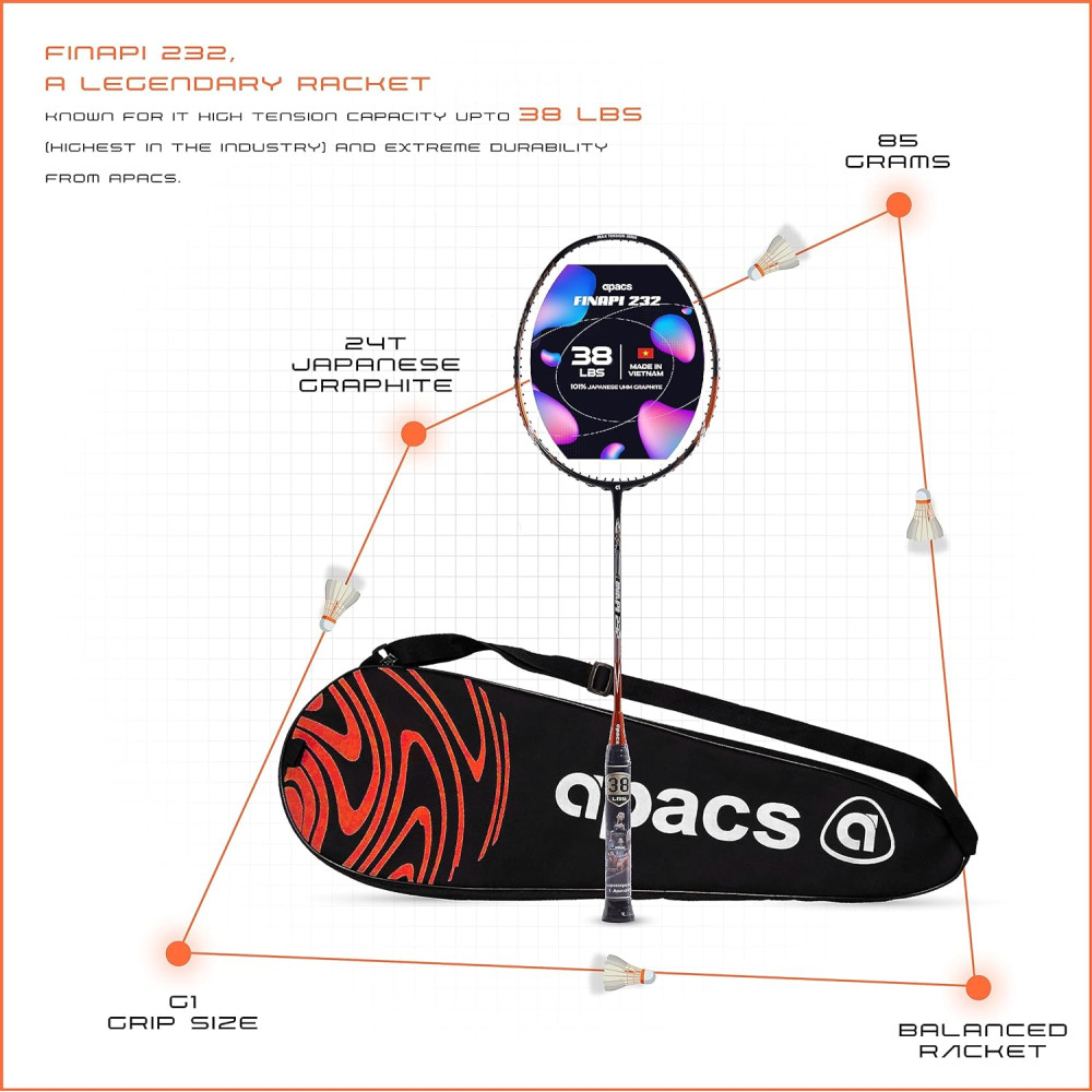 Apacs Finapi 232 (Unstrung, 38 LBS Max Tension) Made in Vietnam | 100% Japanese Graphite | High Modulus | High Power Badminton Racket with Free Full Cover | G1-4 1/4 inches (Black) Apacs Finapi 232 (Unstrung, 38 LBS Max Tension) Made in Vietnam | 100% Japanese Graphite | High Modulus | High Power Badminton Racket with Free Full Cover | G1-4 1/4 inches (Black)