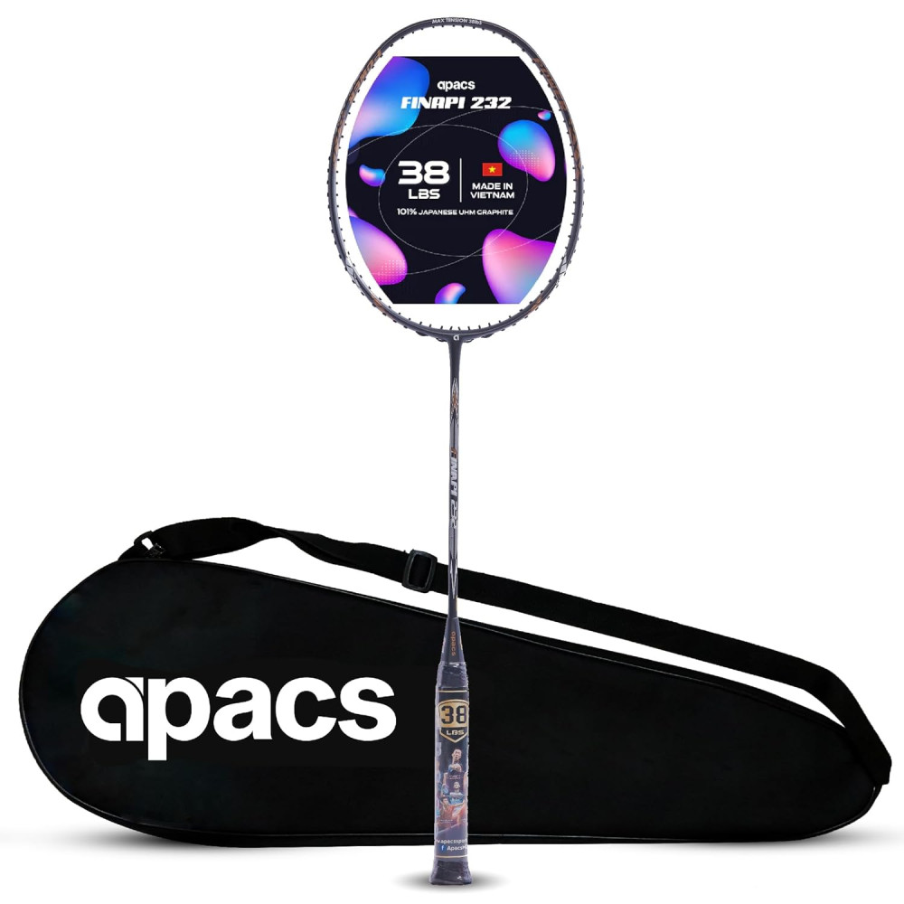 Apacs Finapi 232 (Unstrung, 38 LBS Max Tension) Made in Vietnam | 100% Japanese Graphite | High Modulus | High Power Badminton Racket with Free Full Cover | G1-4 1/4 inches (Black) Apacs Finapi 232 (Unstrung, 38 LBS Max Tension) Made in Vietnam | 100% Japanese Graphite | High Modulus | High Power Badminton Racket with Free Full Cover | G1-4 1/4 inches (Black)
