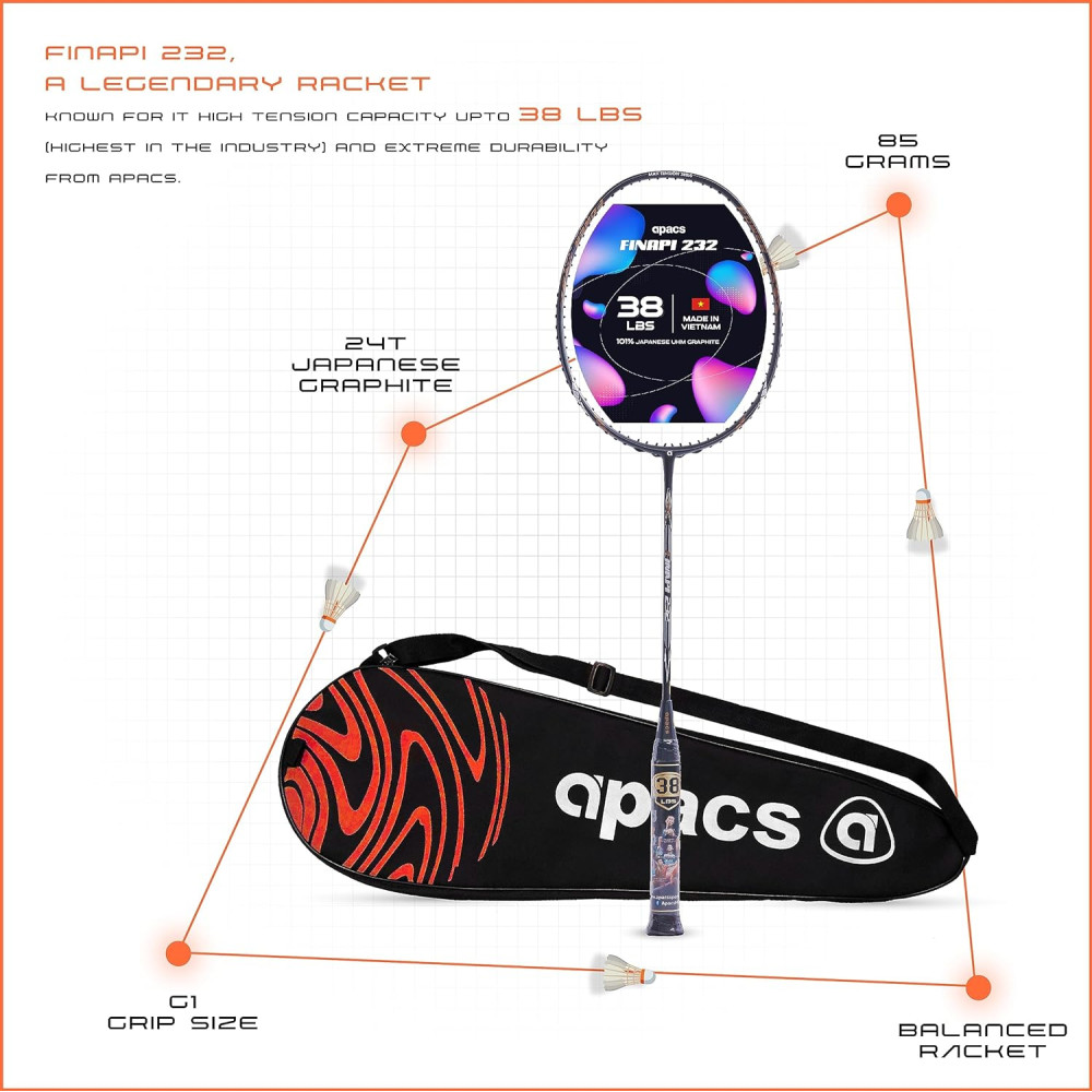 Apacs Finapi 232 (Unstrung, 38 LBS Max Tension) Made in Vietnam | 100% Japanese Graphite | High Modulus | High Power Badminton Racket with Free Full Cover | G1-4 1/4 inches (Black) Apacs Finapi 232 (Unstrung, 38 LBS Max Tension) Made in Vietnam | 100% Japanese Graphite | High Modulus | High Power Badminton Racket with Free Full Cover | G1-4 1/4 inches (Black)