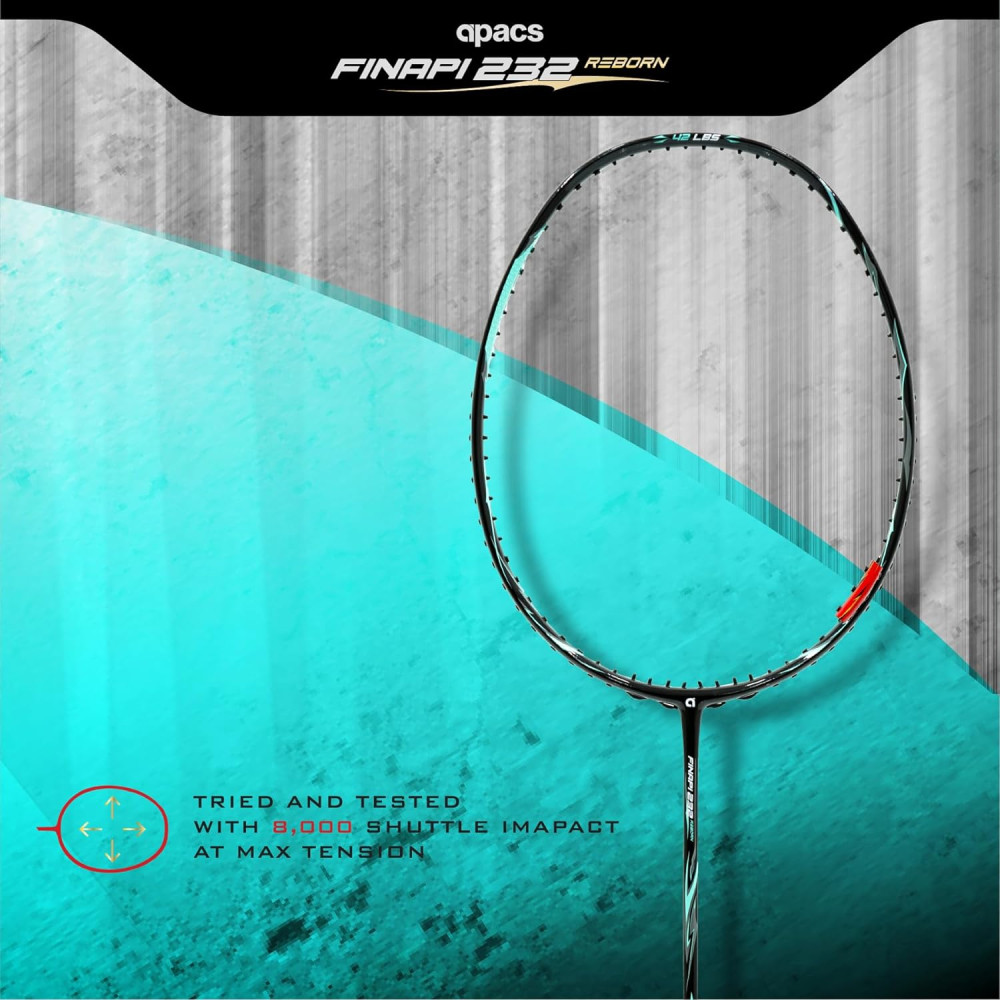 Apacs Finapi 232 Reborn (Unstrung, 42 LBS Mega Tension, World's Toughest Frame) Power Series Badminton Racket | Made with 100% Japanese Ultra Graphite Badminton Racquet with Full Cover (Black) Apacs Finapi 232 Reborn (Unstrung, 42 LBS Mega Tension, World's Toughest Frame) Power Series Badminton Racket | Made with 100% Japanese Ultra Graphite Badminton Racquet with Full Cover (Black)