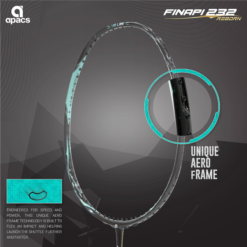 Apacs Finapi 232 Reborn (Unstrung, 42 LBS Mega Tension, World's Toughest Frame) Power Series Badminton Racket | Made with 100% Japanese Ultra Graphite Badminton Racquet with Full Cover (Black) Apacs Finapi 232 Reborn (Unstrung, 42 LBS Mega Tension, World's Toughest Frame) Power Series Badminton Racket | Made with 100% Japanese Ultra Graphite Badminton Racquet with Full Cover (Black)