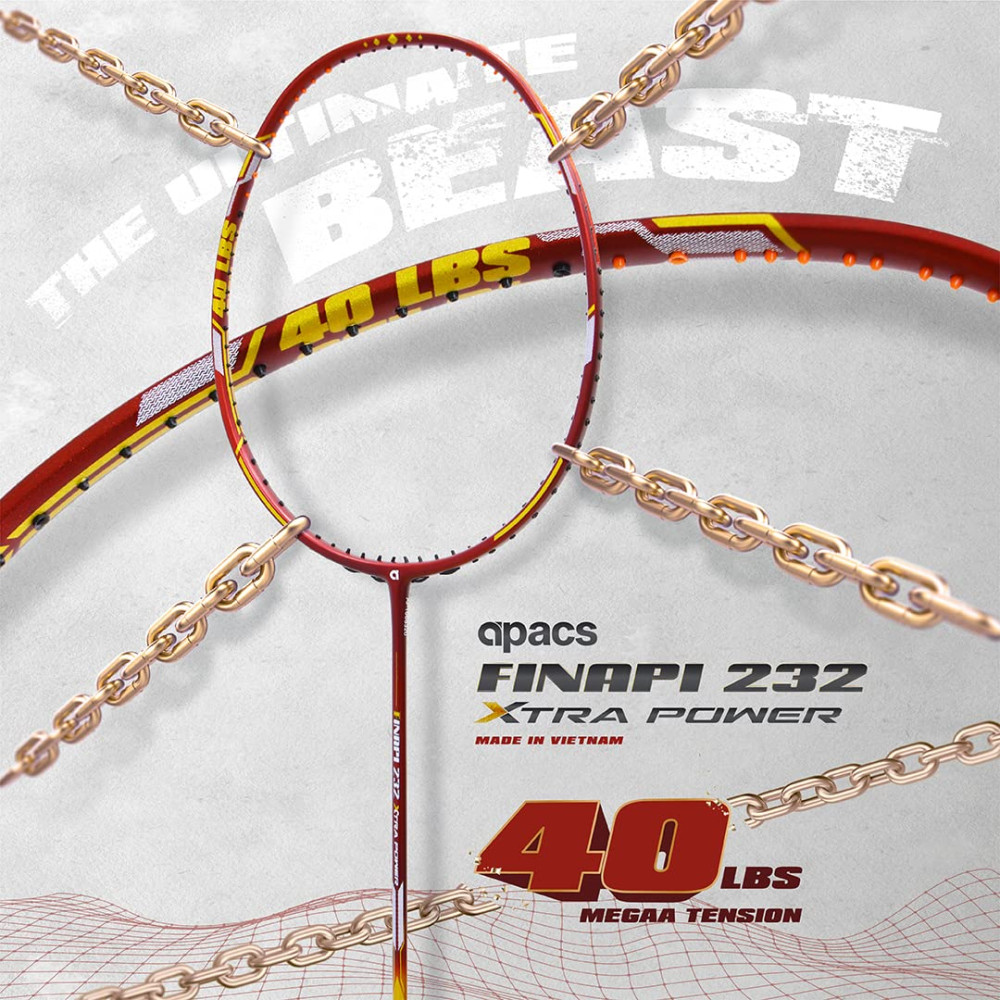 Apacs Finapi 232 Xtra Power (40LBS, 100% Top Grade UHM Japanese Graphite) Extra Strong Professional Unstrung Badminton Racket with Free Full Cover (Red Gold) Apacs Finapi 232 Xtra Power (40LBS, 100% Top Grade UHM Japanese Graphite) Extra Strong Professional Unstrung Badminton Racket with Free Full Cover (Red Gold)