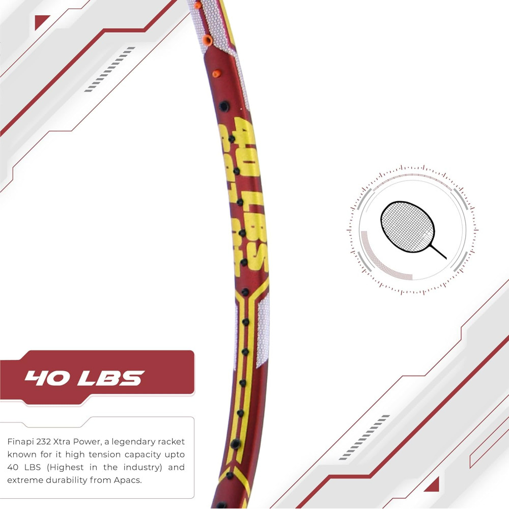 Apacs Finapi 232 Xtra Power (40LBS, 100% Top Grade UHM Japanese Graphite) Extra Strong Professional Unstrung Badminton Racket with Free Full Cover (Red Gold) Apacs Finapi 232 Xtra Power (40LBS, 100% Top Grade UHM Japanese Graphite) Extra Strong Professional Unstrung Badminton Racket with Free Full Cover (Red Gold)