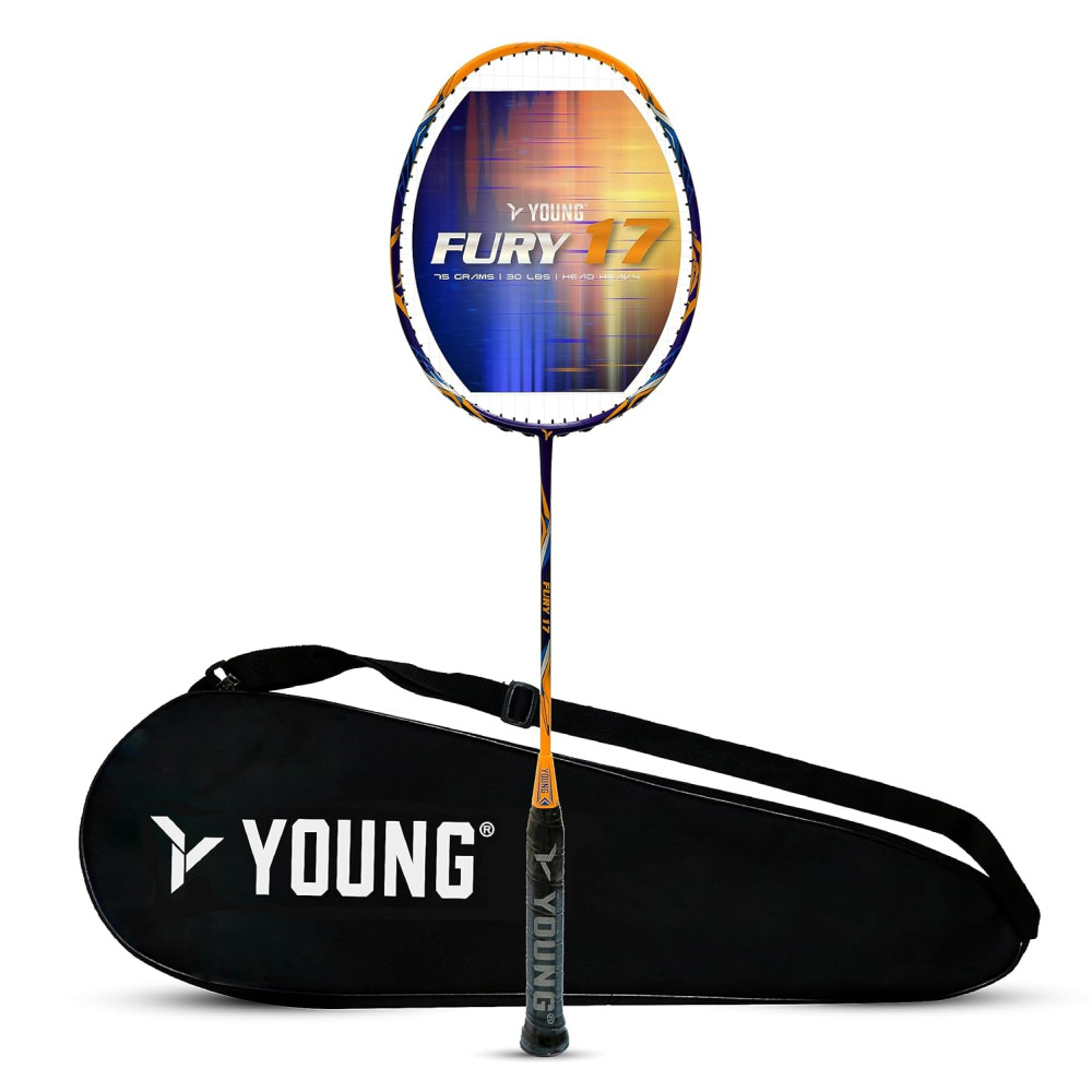 YOUNG (Malaysia) Fury 17 Graphite Professional Badminton Racket, Lightweight, Head Light, One Piece High Modulus 24-Ton Graphite (Orange/Blue), Strung, Includes Full Cover YOUNG (Malaysia) Fury 17 Graphite Professional Badminton Racket, Lightweight, Head Light, One Piece High Modulus 24-Ton Graphite (Orange/Blue), Strung, Includes Full Cover