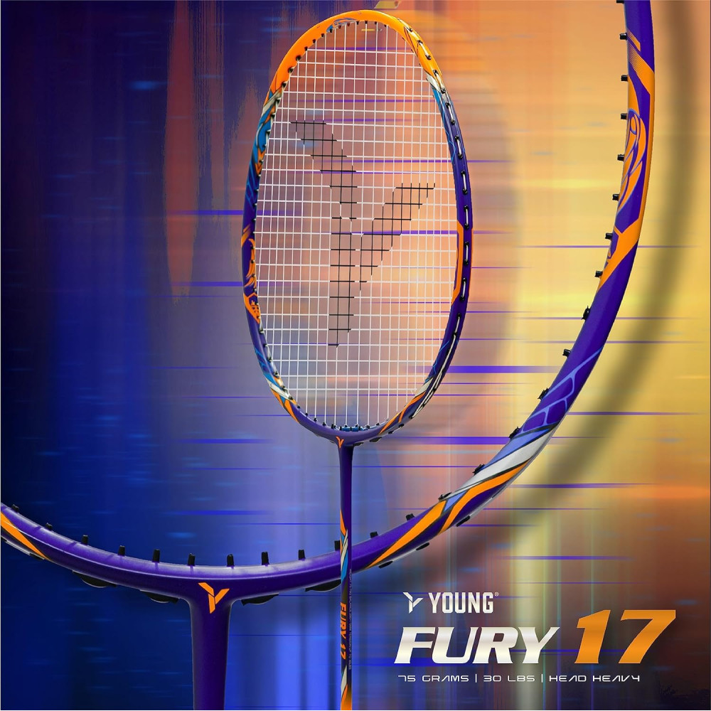 YOUNG (Malaysia) Fury 17 Graphite Professional Badminton Racket, Lightweight, Head Light, One Piece High Modulus 24-Ton Graphite (Orange/Blue), Strung, Includes Full Cover YOUNG (Malaysia) Fury 17 Graphite Professional Badminton Racket, Lightweight, Head Light, One Piece High Modulus 24-Ton Graphite (Orange/Blue), Strung, Includes Full Cover