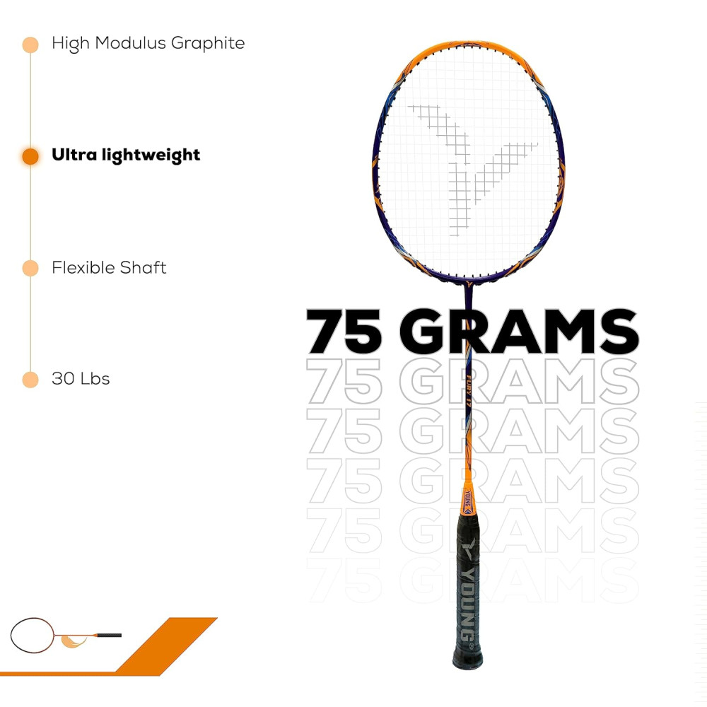 YOUNG (Malaysia) Fury 17 Graphite Professional Badminton Racket, Lightweight, Head Light, One Piece High Modulus 24-Ton Graphite (Orange/Blue), Strung, Includes Full Cover YOUNG (Malaysia) Fury 17 Graphite Professional Badminton Racket, Lightweight, Head Light, One Piece High Modulus 24-Ton Graphite (Orange/Blue), Strung, Includes Full Cover