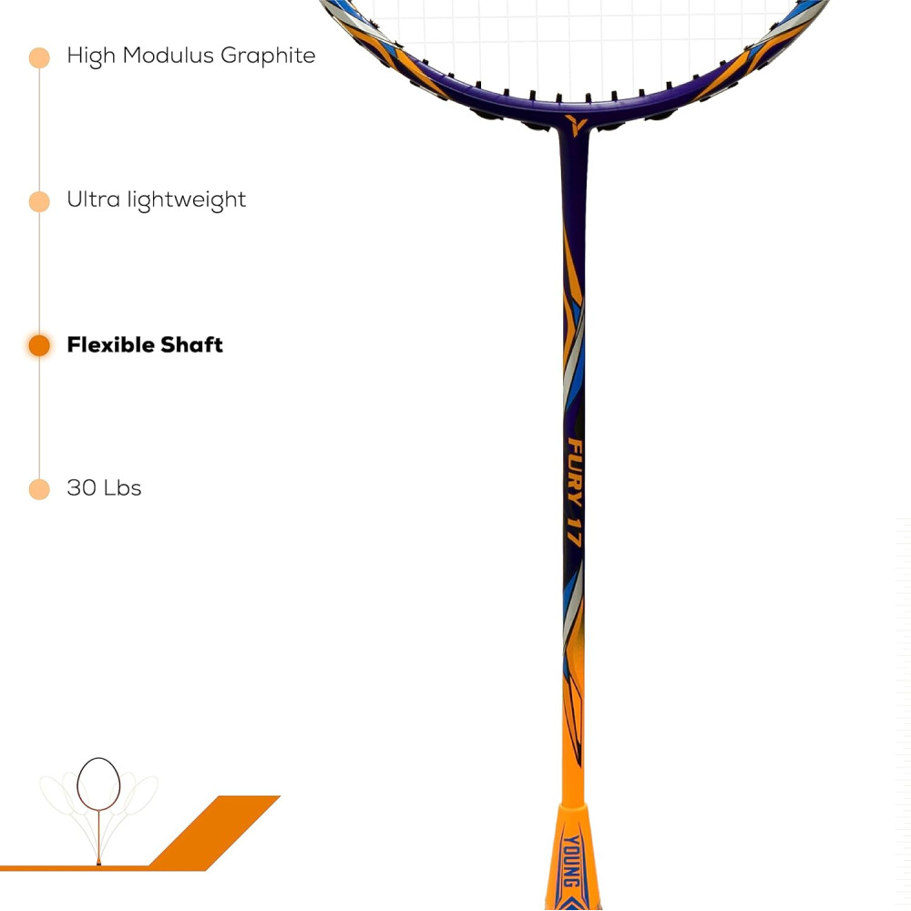 YOUNG (Malaysia) Fury 17 Graphite Professional Badminton Racket, Lightweight, Head Light, One Piece High Modulus 24-Ton Graphite (Orange/Blue), Strung, Includes Full Cover YOUNG (Malaysia) Fury 17 Graphite Professional Badminton Racket, Lightweight, Head Light, One Piece High Modulus 24-Ton Graphite (Orange/Blue), Strung, Includes Full Cover