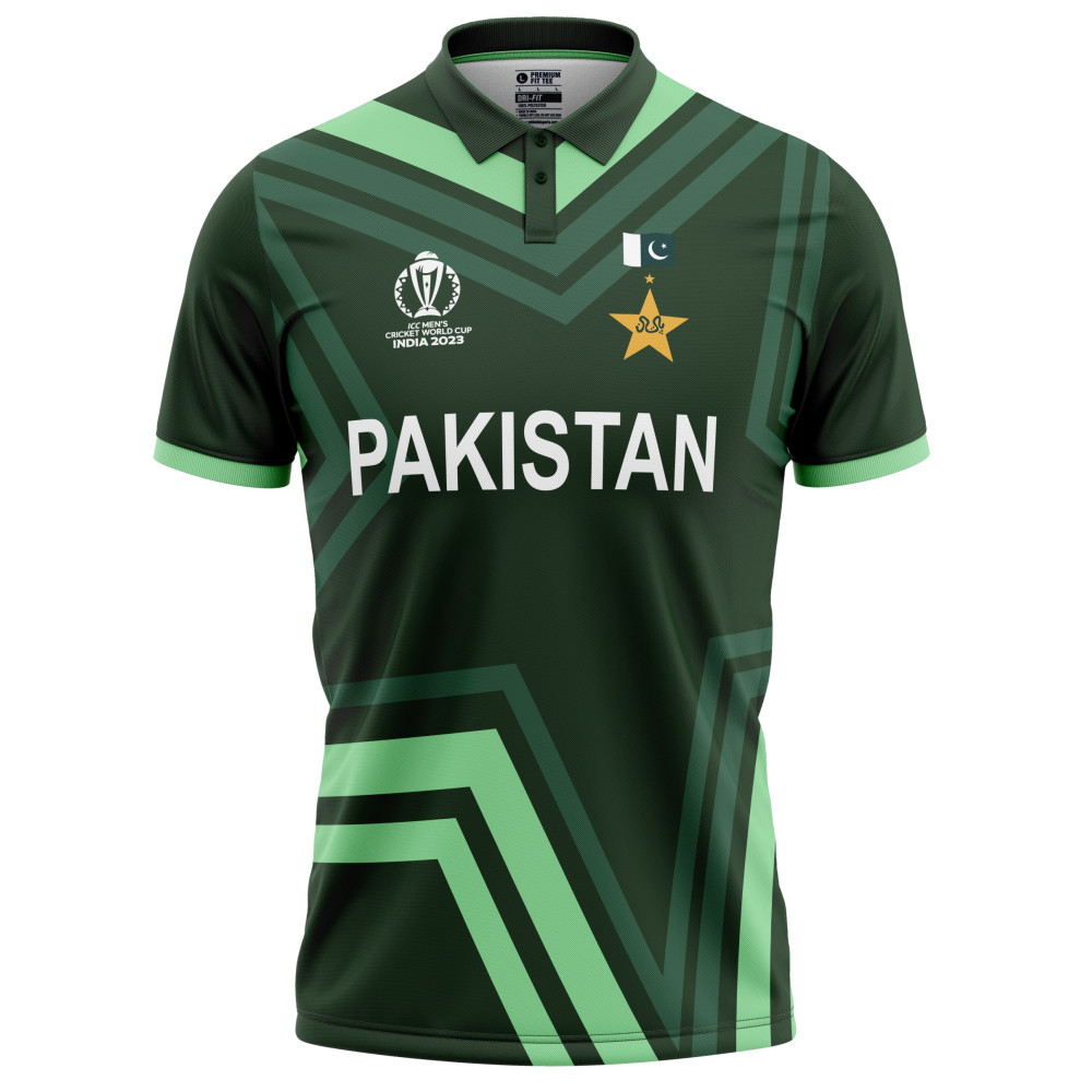 Pakistan ODI World Cup 2023 Half Sleeves Cricket Fan Jersey - 100% Dryfit Polyester - With Name Personalisation Pakistan ODI World Cup 2023 Half Sleeves Cricket Fan Jersey - 100% Dryfit Polyester - With Name Personalisation