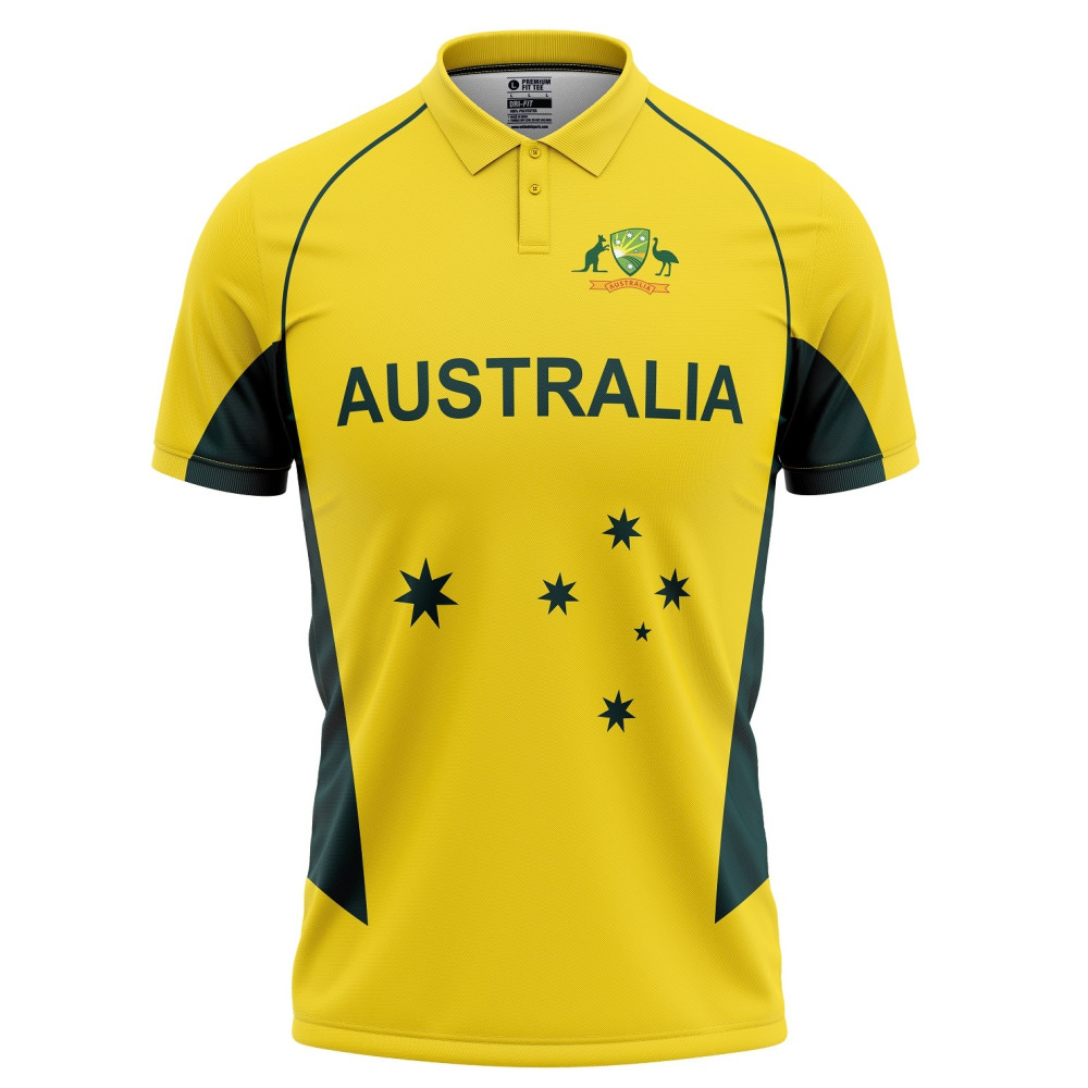 Australia Half Sleeves Cricket Fan Jersey - 100% Dryfit Polyester - With Name Personalization Australia Half Sleeves Cricket Fan Jersey - 100% Dryfit Polyester - With Name Personalization