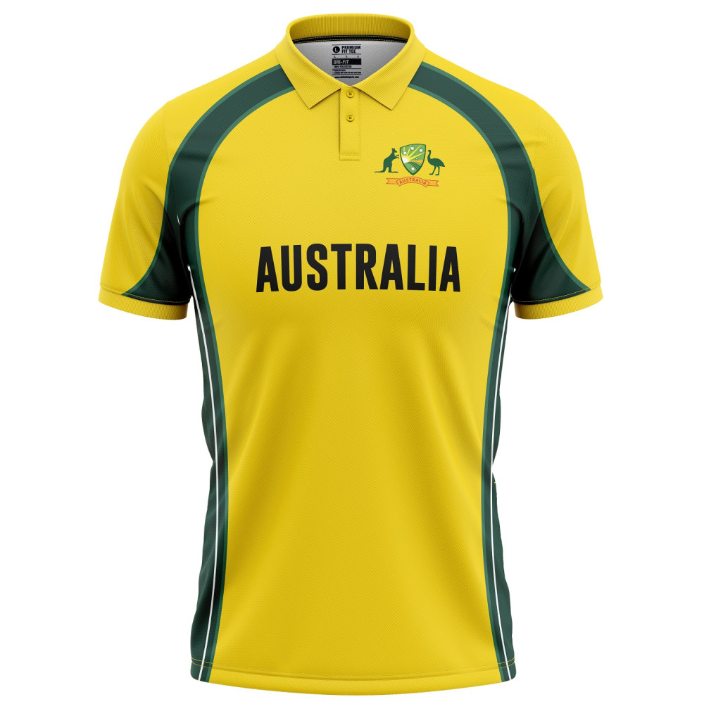 Australia Half Sleeves Cricket Fan Jersey - 100% Dryfit Polyester - With Name Personalization Australia Half Sleeves Cricket Fan Jersey - 100% Dryfit Polyester - With Name Personalization