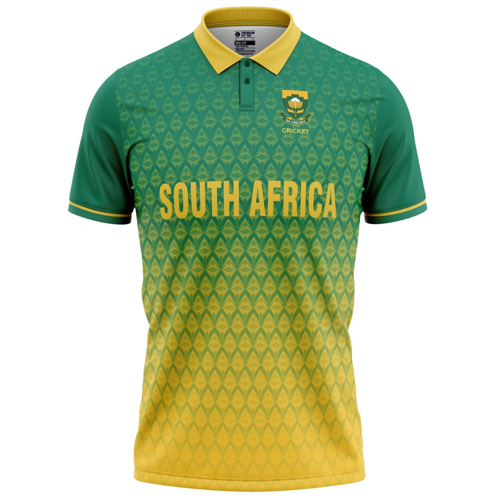 South Africa 2022 ICC World Cup Half Sleeves Cricket Fan Jersey - 100% Dryfit Polyester - With Name Personalisation South Africa 2022 ICC World Cup Half Sleeves Cricket Fan Jersey - 100% Dryfit Polyester - With Name Personalisation