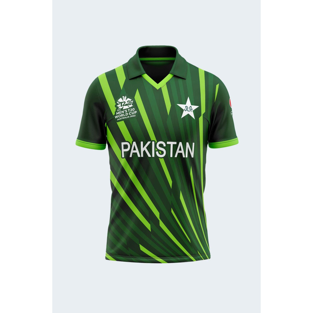 Pakistan 2022 T20 Cricket World Cup Jersey Half Sleeves Cricket Fan Jersey - 100% Dryfit Polyester - With Name Personalization Pakistan 2022 T20 Cricket World Cup Jersey Half Sleeves Cricket Fan Jersey - 100% Dryfit Polyester - With Name Personalization